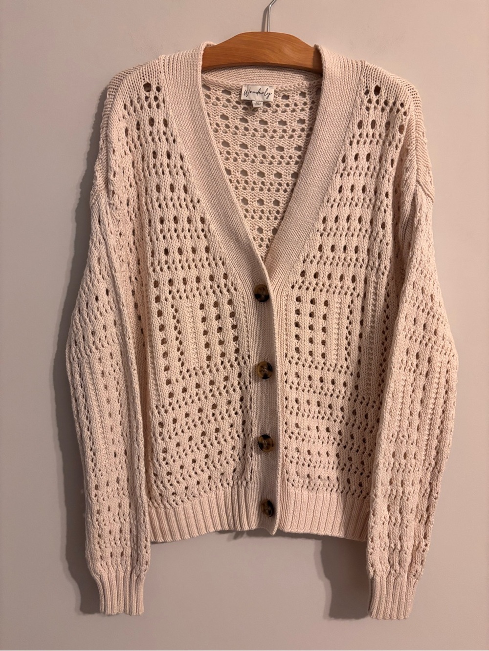 Wonderly Cream Crocheted button up v neck cardigan sweater